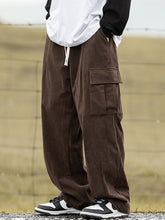 Hearujoy Brown vintage men's corduroy trousers with flap pockets and lacing